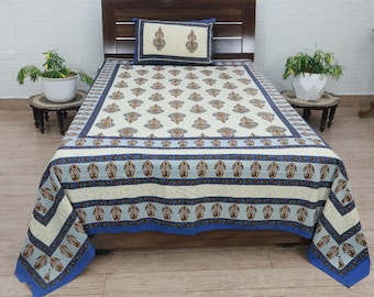 Handblock Print Cotton Bedsheet with Pillow Cover – Paisley Design, Indian Bedding