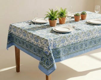 Cubierta de mesa estampada con bloque floral azul y blanco, mantel de algodón de lujo, servilletas impresas en bloque, ropa de mesa india