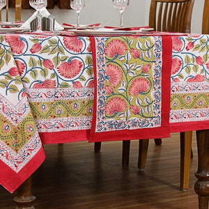 Red Rectangle Tablecloth, Floral Table Cloth, Block Printed Table Napkins & Mats, Dining Table Decor, Handmade table linen, Halloween Gifts