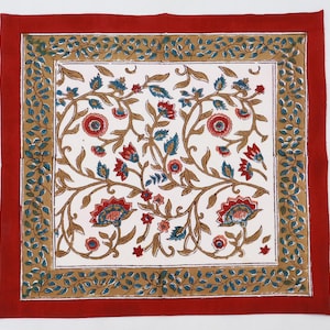 Red & Brown Floral Hand Block Printed Cotton Napkins – Indian Cloth Napkins for Dinner Parties, Gifts For Handkerchief