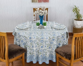 Blue and White Floral Table Cloth, Luxury Round Table Cloth, Wedding Table Decor, Housewarming Gift, Reusable Table Top, Block Print Napkins