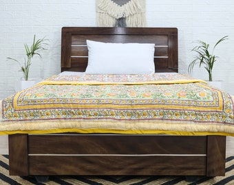 Yellow and Green Indian Hand Block Floral Printed Cotton Quilts Reversible Jaipuri Razai King Quilts Queen Size Quilts Valentines Gifts