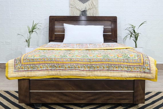 Yellow and Green Indian Hand Block Floral Printed Cotton Quilts Reversible Jaipuri Razai King Quilts Queen Size Quilts Valentines Gifts