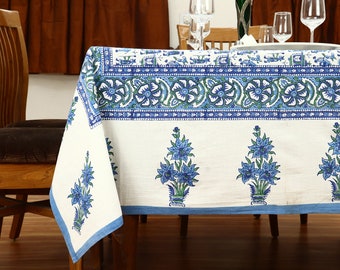 Blue White Floral Tablecloth, Hand Block Print Cotton Table Cover, Rectangle Farmhouse Dining Table Linen, Wedding Party & Boho Home Decor