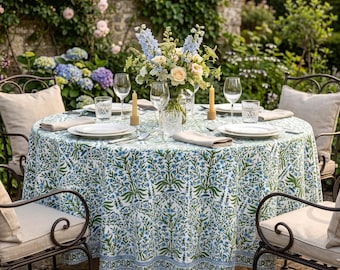 Blue and Green Dining Tablecloth, 100% Pure Cotton Table Cover, Wedding Gift, Block Printed Mats & Napkins, Table Top