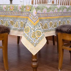 Sage Green Floral Tablecloth, Block Printed Tablecloth, Cotton Table Cover Linen Mats Napkins Set, Rectangle Table Top, Boho Table Cover