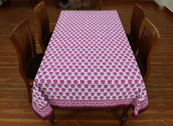 Sweet Us Floral Cotton Block Print Tablecloth With Napkin - 72-Inch Round, Hand-Printed Pink Floral Design