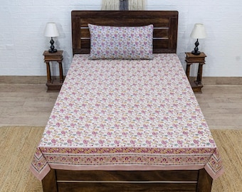 Handblock Drucken Baumwolle Bettlaken, Rosa & Grün Floral, Ethno Dekor, Weihnachtsgeschenke