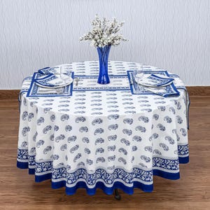 Cubierta de mesa impresa en bloque azul y blanco, tapete de mesa floral, mantel redondo, cubierta de mesa de café