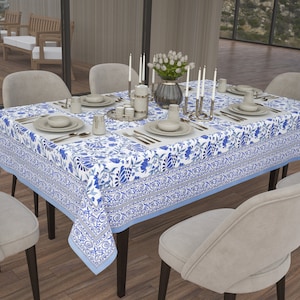 Blue & White Floral Block Printed Table Cloth, Luxury Cotton Table Cloth, Vintage Style Table Cloth, Dining Tablecloth, Gifts for Mom, Gifts