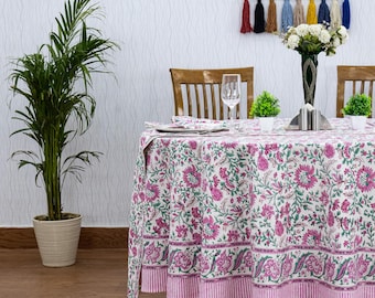 White Pink Floral Round Tablecloth, Indian Block Print Cotton Table Cover, Luxury Kitchen Decor, Hand Block Print, Tablecloth for Valentines