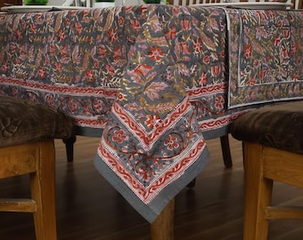 Hand Block Printed Floral Tablecloth, Brown & Red Indian Design, Perfect for Weddings, Cafes, Restaurants, Home Decor, Gifts for Christmas