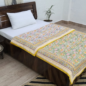 Yellow and Green Indian Hand Block Floral Printed Cotton Quilts Reversible Jaipuri Razai King Quilts Queen Size Quilts Gifts for Dad
Handmade Razai
Cotton Quilt Razai
Reversible Razai
Throw Quilted 
Boho Hippie Quilt
Blanket Razai
Housewarming Gifts