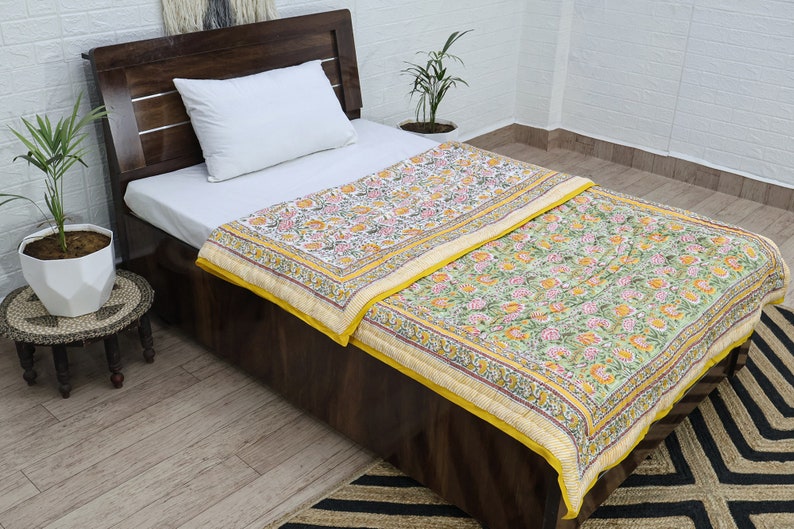 Yellow and Green Indian Hand Block Floral Printed Cotton Quilts Reversible Jaipuri Razai King Quilts Queen Size Quilts Gifts for Dad
Handmade Razai
Cotton Quilt Razai
Reversible Razai
Throw Quilted 
Boho Hippie Quilt
Blanket Razai
Housewarming Gifts