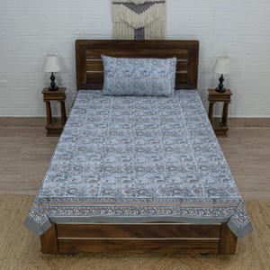 Hand Block Print, Cotton Bedsheet, Gray and Brown Color Beautiful Bed Cover, Bedsheet For Twin, Queen, King, Floral Bed Cover With Set.
