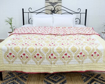 Hellgelbe und dunkle rosa Handblock gedruckte Baumwolle Quilts Wendedecken Quilts für King-Size-Bett, Queen-Size-Bett