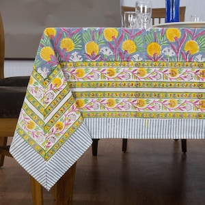 Hand Block Print Cotton Tablecloth – Floral Indian Dining Table Cover – Green & Yellow Table Linen – Floral Print Rectangle Table Cover