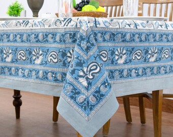 Blue Block Print Tablecloth, Indian Cotton Table Cover, Floral Hand Block Tablecloth, Boho Dining Decor, Farmhouse Table Linen, Wedding Gift