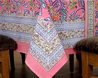 Pink and Blue Indian Block Floral Print 100% Pure Cotton Cloth Tablecloth, Table Linen, Table Cover, Wedding Table Decor