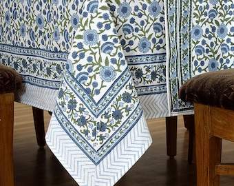 Blue & White Tablecloth, Wedding Table Decor, Dining Table Cloth, Custom Size Table Covers, Home Decor Block Print Napkins, Valentine Gifts