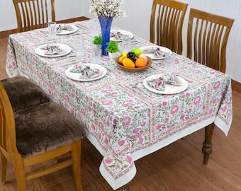 Pink and Green Indian Hand Block Printed Cotton Tablecloth, Floral Print Table Cover For Wedding Home Decor Restaurant, & Gift For Her