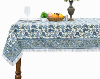 Teal Blue and Green Dining Tablecloth, Wooden Block Prints, Handmade Cotton Table Cover, Christmas Gift, Floral Tablecloth