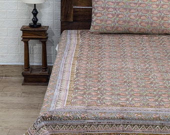Hand Block Print Cotton Bedsheet, Brown Floral Bed Cover