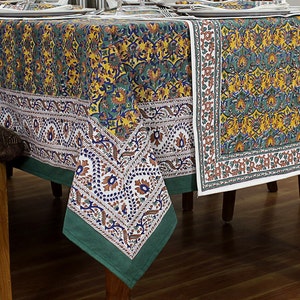 Green & Yellow Dining Tablecloth, Floral Table Cover, Wedding Party Decor, Block Printed Table Linens Used for Kitchen, Housewarming Gifts