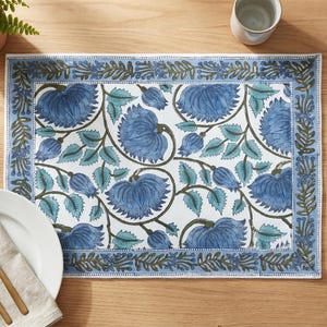 Blaue Blumen Blockdruck Tischsets 4er Set, 100% Baumwolle Handgemacht Waschbar Wiederverwendbar Jaipur