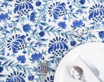 Anaado Mantel Floral Azul Vintage, Lavable, Lino De Algodón, Mantel Rectangular Decoración De Mesa, Comedor, 55 X 86 Pulgadas