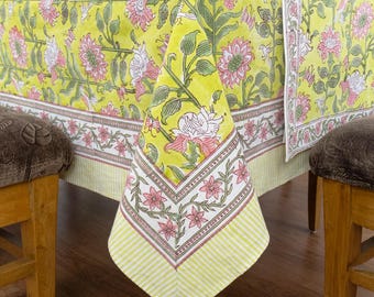 Gelb-rosa Tischdecke aus Baumwolle mit Blumenmuster, indische Tischdecke im Blockdruck-Design, Deko, Geschenk zur Einweihung oder Hochzeit