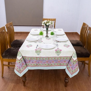 Hand Block Printed Cotton Tablecloth: Pink Floral Indian Table Cover