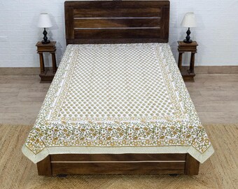 Hand Block Print Cotton Bedsheet, Yellow Color Beautiful Bed Cover, Bedsheet For Twin, Queen, King, Floral Bedsheet, Christmas Gifts