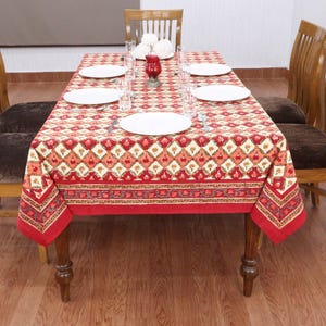 Hand Block Printed Cotton Tablecloth – Red and Yellow Indian Rectangle Table Cover – Housewarming or Wedding Gifts – Boho Dining Linen