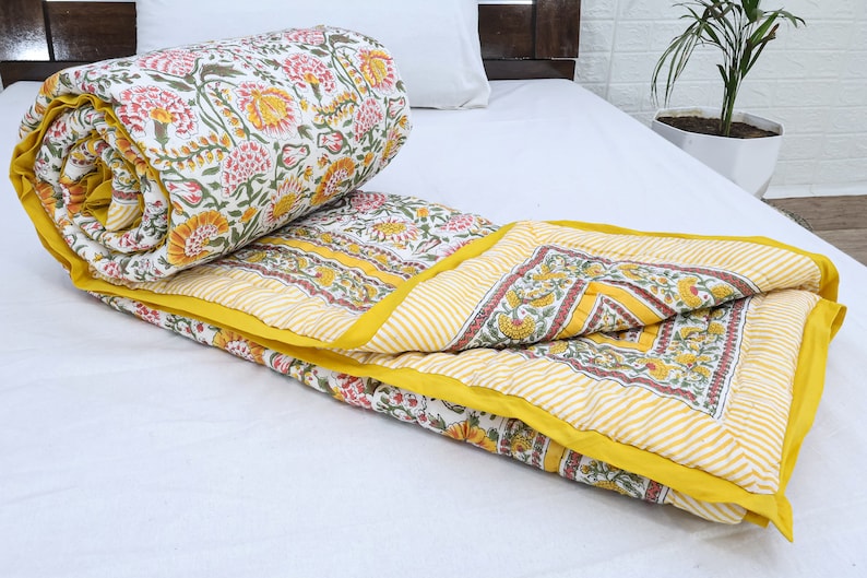 Yellow and Green Indian Hand Block Floral Printed Cotton Quilts Reversible Jaipuri Razai King Quilts Queen Size Quilts Gifts for Dad
Handmade Razai
Cotton Quilt Razai
Reversible Razai
Throw Quilted 
Boho Hippie Quilt
Blanket Razai
Housewarming Gifts