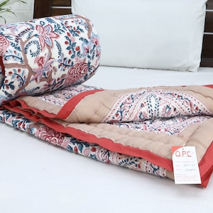 Cream Multicolor  Hand Block Printed Quilted Blanket 100% Cotton Quilt, Aesthetic Winter Warm Quilt, Luxury Reversible Quilt Jaipur Razai