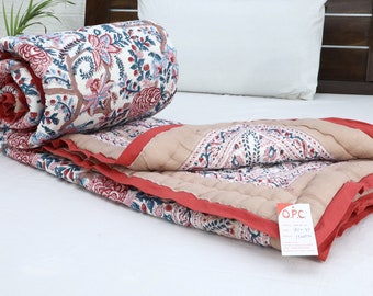 Cream Multicolor Hand Block Printed Quilted Blanket 100% Cotton Quilt, Aesthetic Winter Warm Quilt, Luxury Reversible Quilt, Jaipur Razai