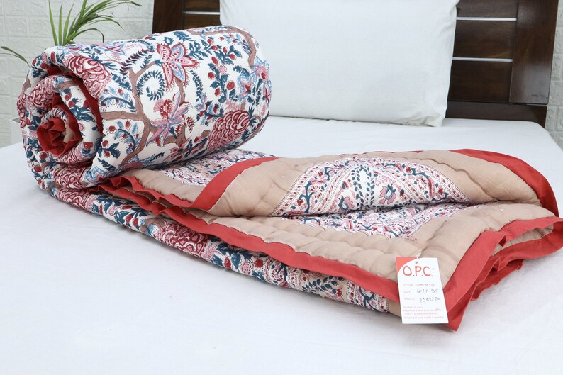 Cream Multicolor  Hand Block Printed Quilted Blanket 100% Cotton Quilt, Aesthetic Winter Warm Quilt, Luxury Reversible Quilt Jaipur Razai
