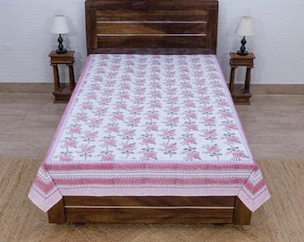 Hand Block Printed Cotton Bedsheet,White & Pink Floral Bed Cover, Elegant Handmade Bedsheet for Twin, Queen, King Size Beds, Christmas Gifts
