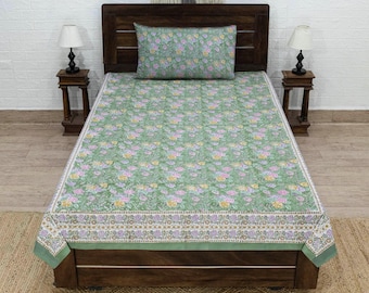 Hand Block Print Cotton Bedsheet, Green and Pink Color Beautiful Bed Cover, Bedsheet For Twin, Queen, King, Floral Bed Cover With Set