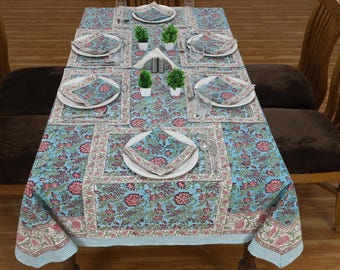 Blue And Pink Hand Block Printed Table Cloth, Floral Print Tablecloth, Pure Cotton Linen Set for Weddings & Dining Tablecloth,Christmas Gift