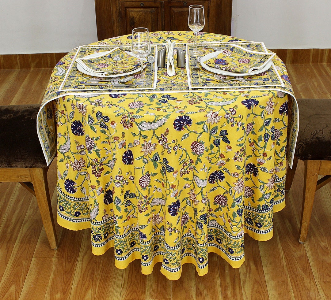Yellow Round Tablecloth, India Block Print, Floral Cotton Tablecloth, Wedding Tablecloth, Gift