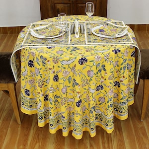 Yellow Round Tablecloth, India Block Print, Floral Cotton Tablecloth, Wedding Tablecloth, Gift for Her, Tablecloth for Dining & Kitchen