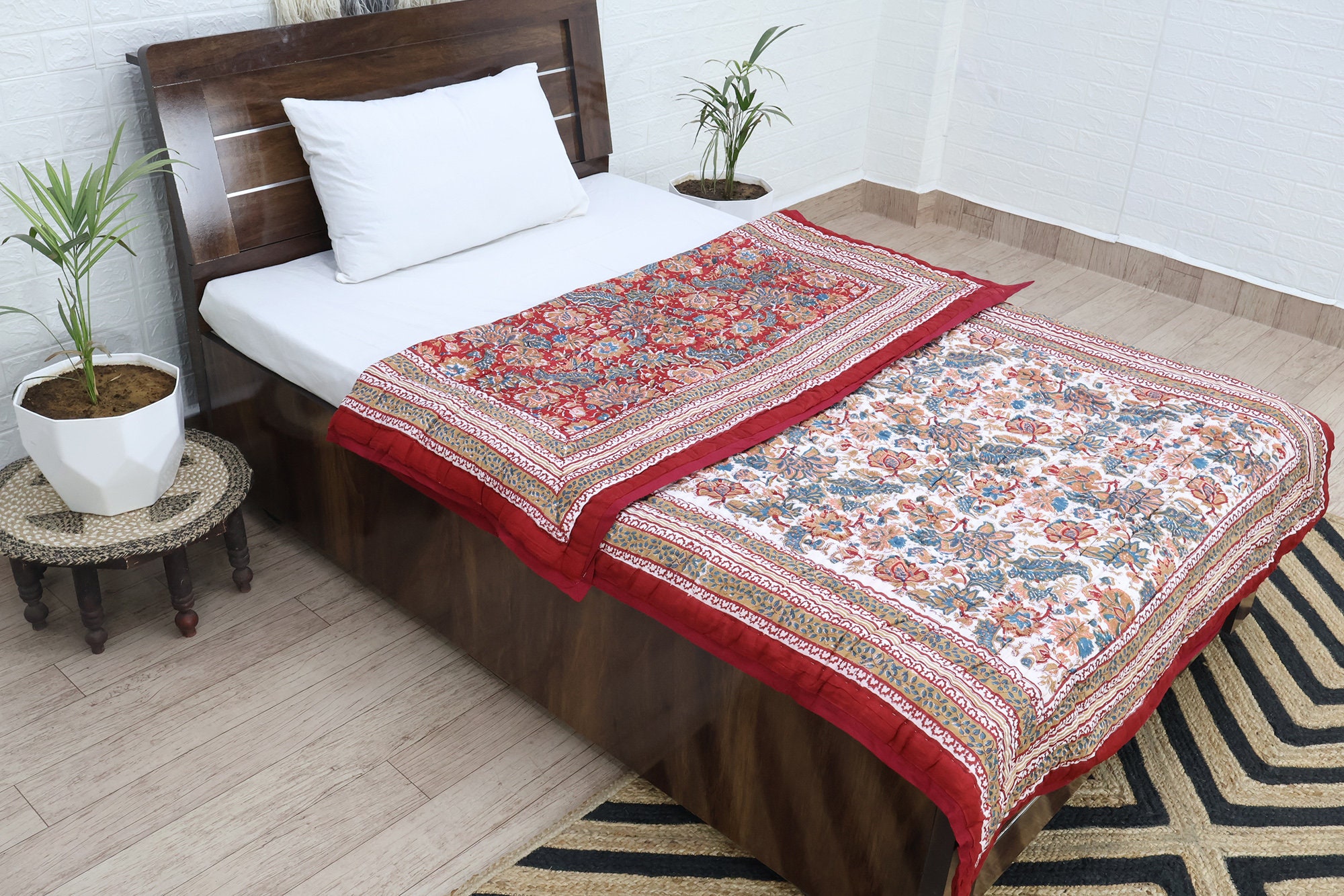 Red Razai Red Brown and Blue Grey Indian Hand Block Printed Cotton King Size ...