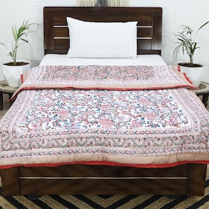Cream Multicolor  Hand Block Printed Quilted Blanket 100% Cotton Quilt, Aesthetic Winter Warm Quilt, Luxury Reversible Quilt Jaipur Razai