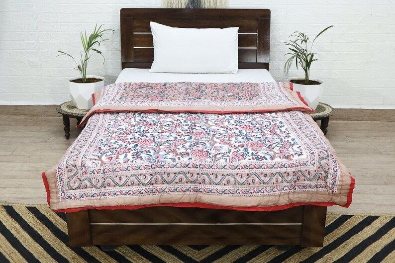 Cream Multicolor  Hand Block Printed Quilted Blanket 100% Cotton Quilt, Aesthetic Winter Warm Quilt, Luxury Reversible Quilt Jaipur Razai