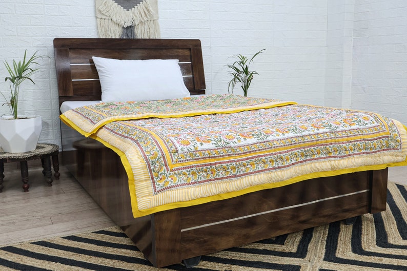 Yellow and Green Indian Hand Block Floral Printed Cotton Quilts Reversible Jaipuri Razai King Quilts Queen Size Quilts Gifts for Dad
Handmade Razai
Cotton Quilt Razai
Reversible Razai
Throw Quilted 
Boho Hippie Quilt
Blanket Razai
Housewarming Gifts