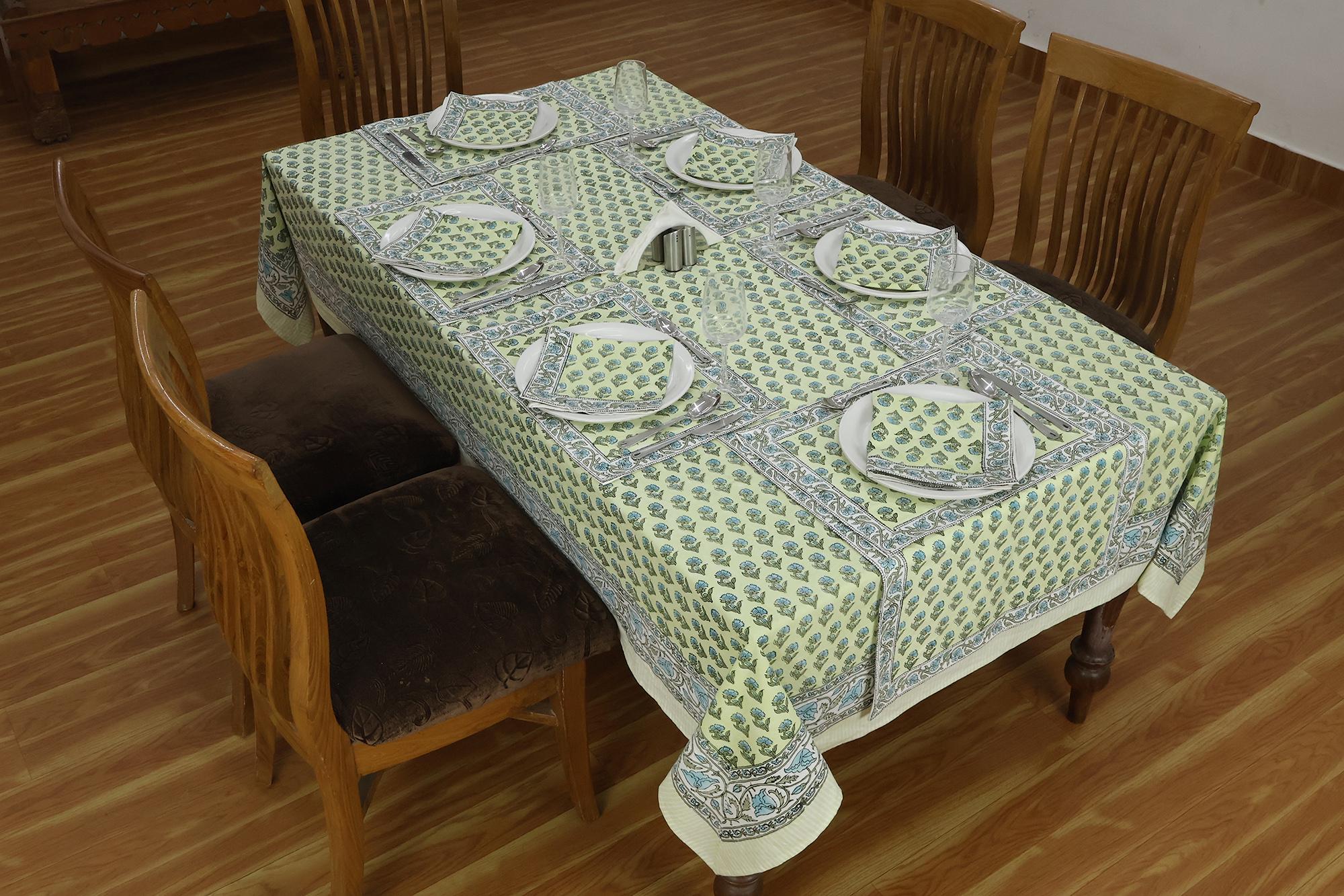 Newtay 60'' X 60'' Agate Green Cotton Tablecloth - Handmade Indian Block Print Floral, Washable