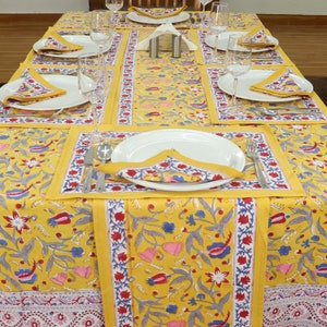 Indian Block Printed Tablecloth, Yellow Dining Tablecloths, Floral tablecloths, Rectangle Table linen, Set Mats & Napkins, Home décor, Gifts