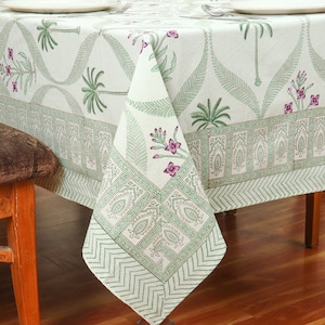 White Base AndGreen Palm Tree Block Printed Cotton Tablecloth, Table Cover For Beach Party Outdoor Dining Table Cover Gift
